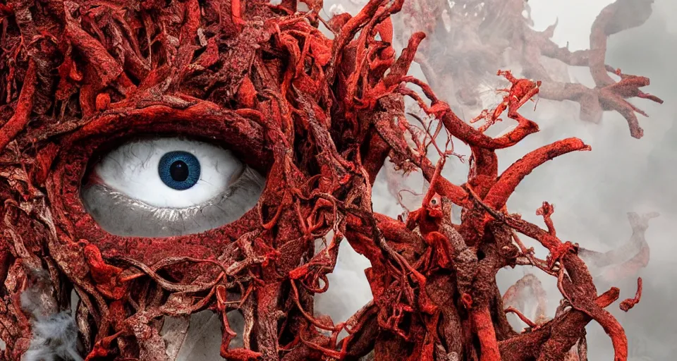 Prompt: a volcano made of ivory vines and crimson rocks enters in eruption, it spits a smoke in the shape of demonic eye, by Kirsty Mitchell
