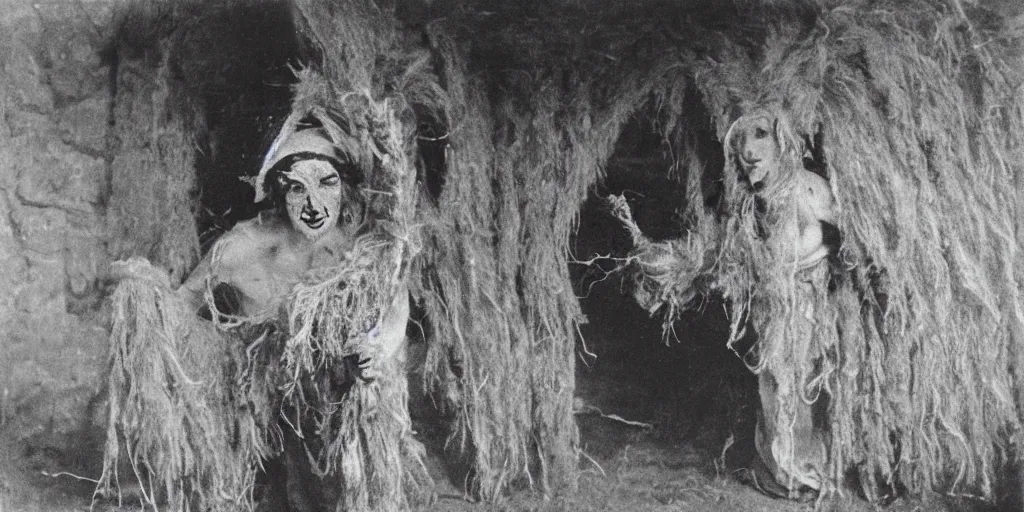 Prompt: 1 9 2 0 s spirit photography of an old female farmer turning into a krampus ghost with hay cloth in the dolomites, by william hope, dark, eerie, grainy