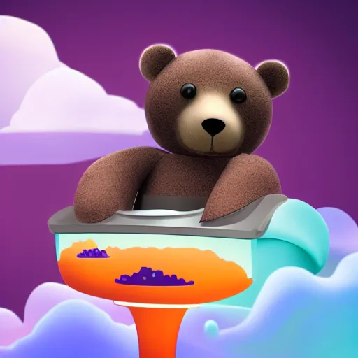 Image similar to cartoon animated bear wearing clothes being launched out of a futuristic machine into a purple and orange cloud land