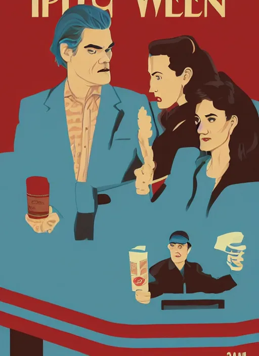 Image similar to Twin Peaks art, of Michael Shannon dressed as mechanic talking to Jennifer Connelly wearing light blue diner waitress dress, poster artwork by Sam Weber, Laurent Durieux, Katherine Lam from scene from Twin Peaks, simple illustration, domestic, nostalgic, from scene from Twin Peaks, clean, New Yorker magazine cover