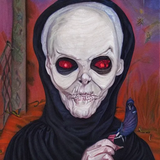 Image similar to creepy old cursed witch watching you sleep, eerie, haunted, oil painting