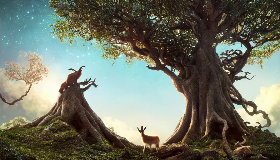 Image similar to very very small goat, sitting on a gigantic banyan tree in moonlit socotra island by ilya kuvshinov, starry night, rtx rendering, octane render 1 2 8 k, maya, extreme high intricate details by tom bagshaw, medium shot, close up shot, composition by sana takeda, lighting by greg rutkowski, stranger things