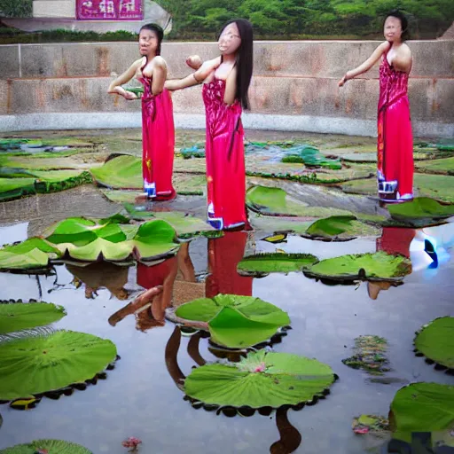 Prompt: High quality realistic photo of a procession of Chinese female athletes with highly defined muscles and oiled skin through a pond of lotus flowers. Kodak Ektar, ISO 200, full body portrait, beautiful and realistic.