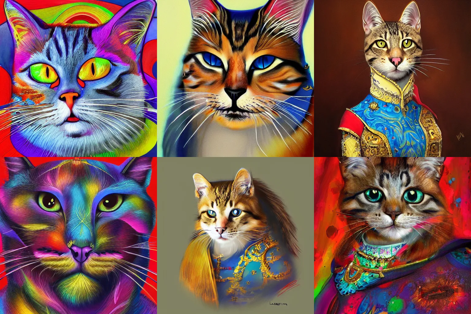 Prompt: beautiful painting of a royal cat by Louis Waine, psychedelic, trending on Artstation