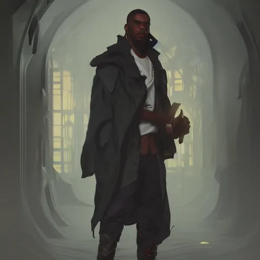 Image similar to a photorealistic dramatic fantasy render of a fit lightskinned black man wearing coat, artgerm, greg rutkowski, alphonse mucha, beautiful dynamic dramatic dark moody lighting, shadows, cinematic atmosphere, artstation, concept design art, octane render, 8 k