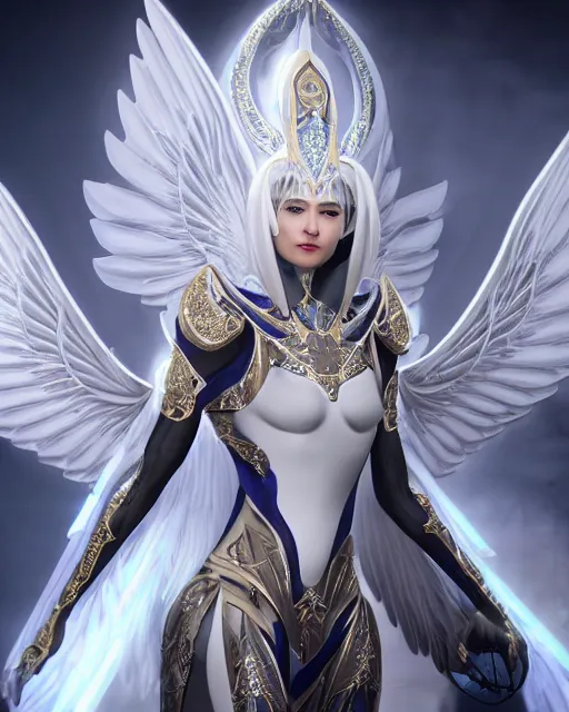 Image similar to perfect ornate white haired attractive egyptian goddess with huge white dove wings, warframe armor, beautiful, symmetric, dreamy, half asian, pretty face, blue eyes, detailed, scifi platform, laboratory, experiment, 4 k, ultra realistic, epic lighting, android body, illuminated, cinematic, masterpiece, art by akihito tsukushi, voidstar