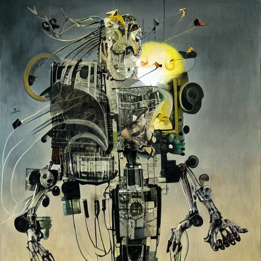 Prompt: a full wired mechanical robot imagines a fantasy world, oil on canvas by dave mckean