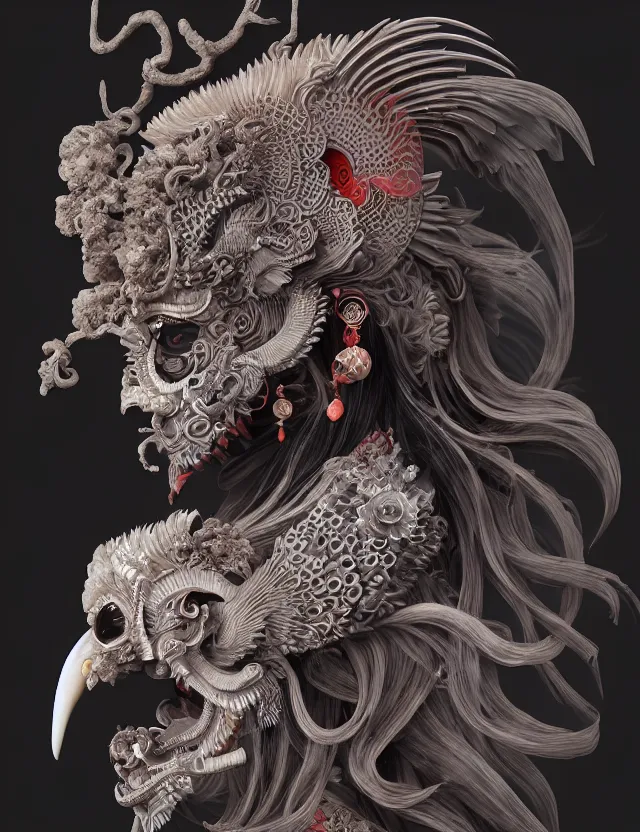 Image similar to 3 d goddess of hell close - up profile portrait with ram skull. beautiful intricately detailed japanese crow kitsune mask and clasical japanese kimono. betta fish, jellyfish phoenix, bio luminescent, plasma, ice, water, wind, creature, artwork by tooth wu and wlop and beeple and greg rutkowski