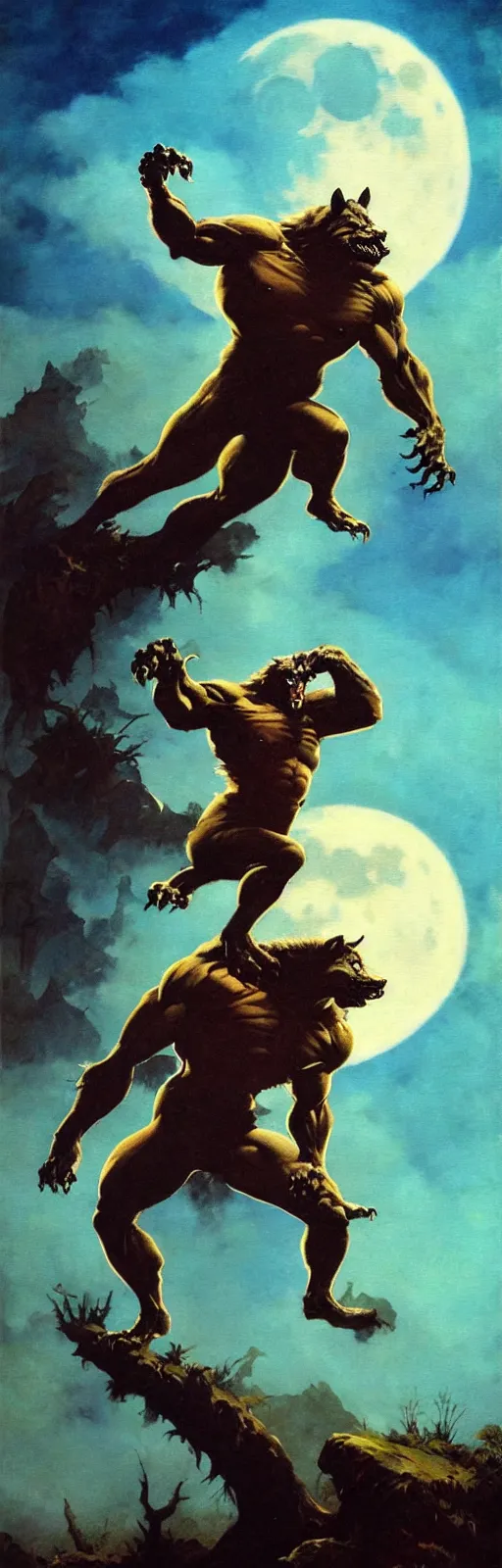 Prompt: by frazetta ,close up of oversized werewolf , action pose , in front of the moon , full body backlight ,top light ,full body portrait ,highly textured oil painting ,jungle ,cyan graveyard ,foggy background ,with dramatic sky ,clouds and giant oversized moon and storm