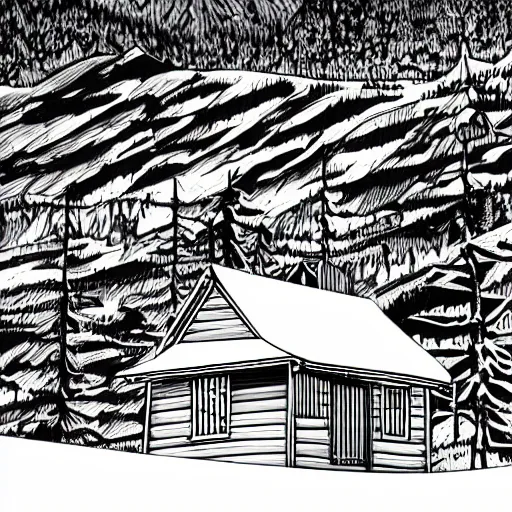 Prompt: cell shaded line drawing of a wooden cabin on a mountain peak in winter