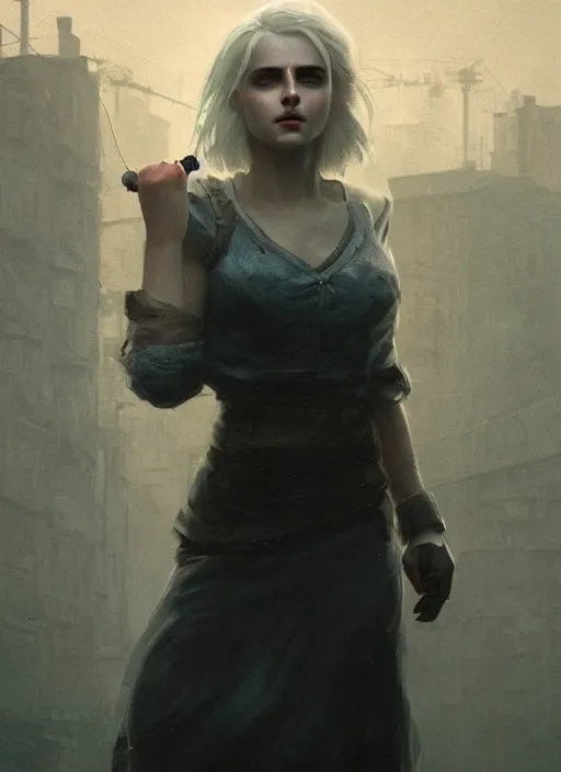 Image similar to ciri in a dark industrial soviet city, smog, atmospheric, pollution, digital art, by greg rutkowski, highly detailed, by jeremy lipking, octane render, detailed face