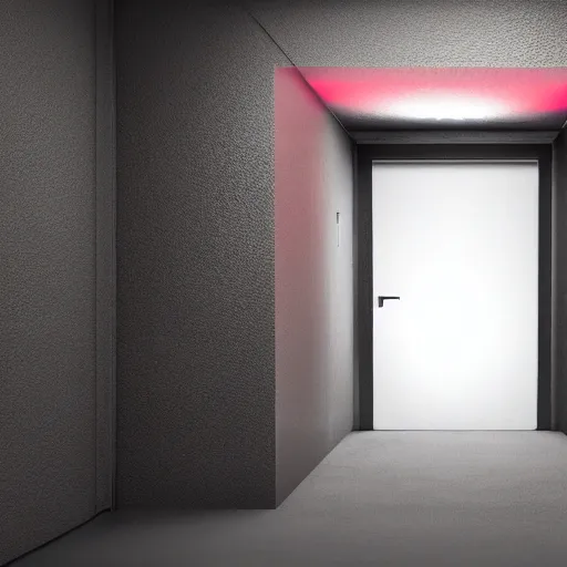 Image similar to a bunker door surrounded by red lights, 3d render, unreal engine style, ray tracing, high detail