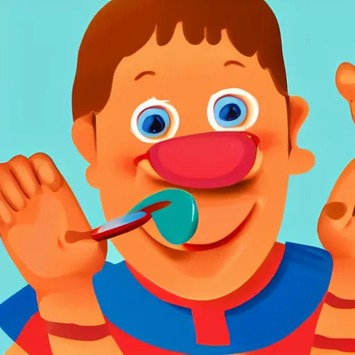 Image similar to happy boy holding a spoon on his nose, illustration,, high detail, cheerful colours