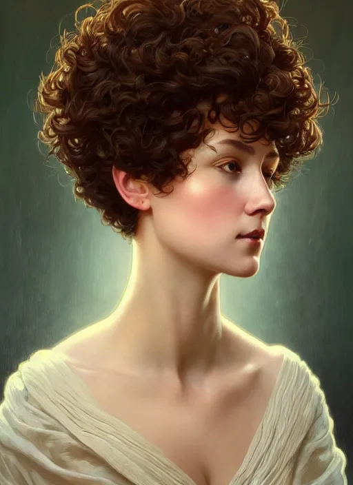 Prompt: symmetry!! portrait of a woman with short curly hair, round face, cottagecore!!, nature, intricate, elegant, highly detailed, digital painting, artstation, concept art, smooth, sharp focus, illustration, art by artgerm and greg rutkowski and alphonse mucha