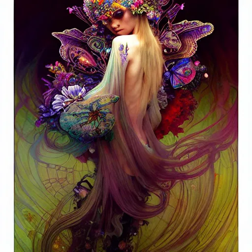 Image similar to An extremely psychedelic fairy queen, surreal, dramatic lighting, magic mushrooms, psilocybin, LSD, face, detailed, intricate, elegant, lithe, highly detailed, digital painting, artstation, concept art, smooth, sharp focus, illustration, art by Krenz Cushart and Artem Demura and alphonse mucha