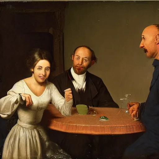 Image similar to The photograph depicts two people, a man and a woman, sitting at a table. The man is looking at the woman with a facial expression that indicates he is interested in her. The woman is looking at the man with a facial expression that indicates she is not interested in him. There is a lamp on the table between them. by Hendrik Kerstens, by Clyde Caldwell melancholic