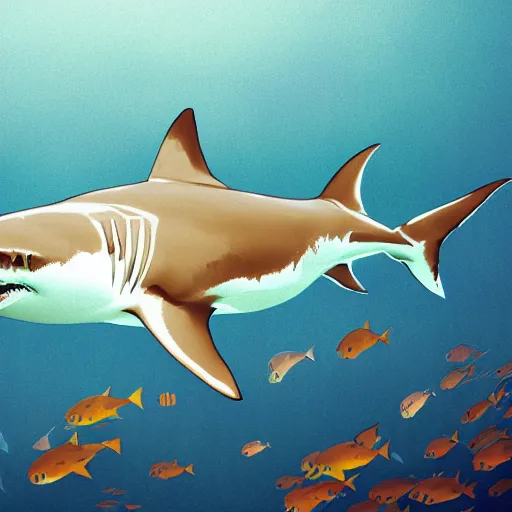 Image similar to great white shark with orange and white striped traffic cones instead of fins, underwater background detailed atmospheric - ron cheng & alphonse mucha, highly detailed, digital painting, ray tracing, concept art, illustration, smooth sharp focus, intricate, symmetry, artstation,