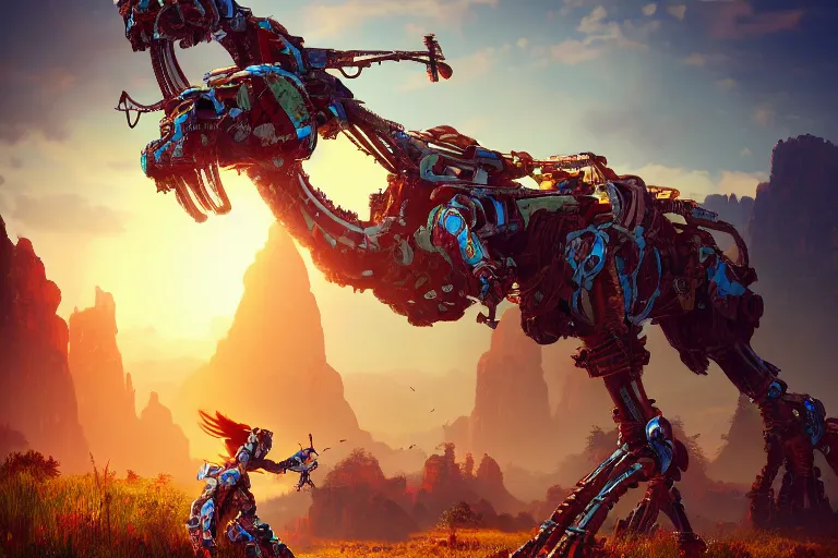 Image similar to tallneck machine mecanical creature robot of horizon forbidden west horizon zero dawn radiating a glowing aura global illumination ray tracing hdr fanart arstation by ian pesty and alena aenami artworks in 4 k