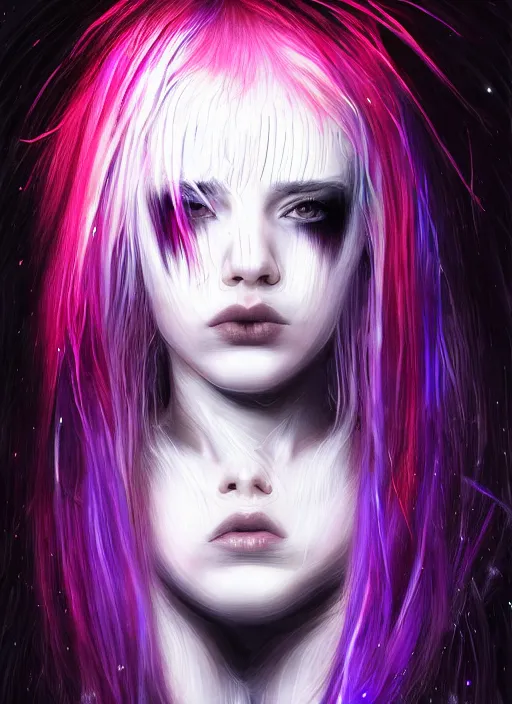 Image similar to hair whitebangs hair, black cyberlox, portrait of teenage girl with white bangs, whitebangsblackhair, messy bangs, cyberlox, whitebangs, red irises, purple clothes, intricate, elegant, glowing lights, highly detailed, digital painting, artstation, concept art, sharp focus, illustration, art by wlop, mars ravelo and greg rutkowski