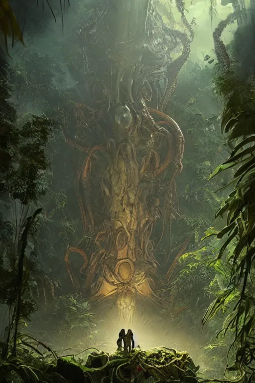 Image similar to giant alien queen in the Jungle, lovecraftian creature, dramatic lighting, cinematic, establishing shot, extremly high detail, foto realistic, cinematic lighting, post processed, concept art, artstation, matte painting, style by eddie mendoza, raphael lacoste, alex ross