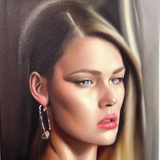 Prompt: fashion model in mirror, hyperrealism oil painting portrait