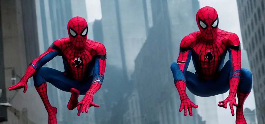 Image similar to Tom Hanks as Spider-Man, film still, wide-shot, full shot, cinematic lens, heroic portrait