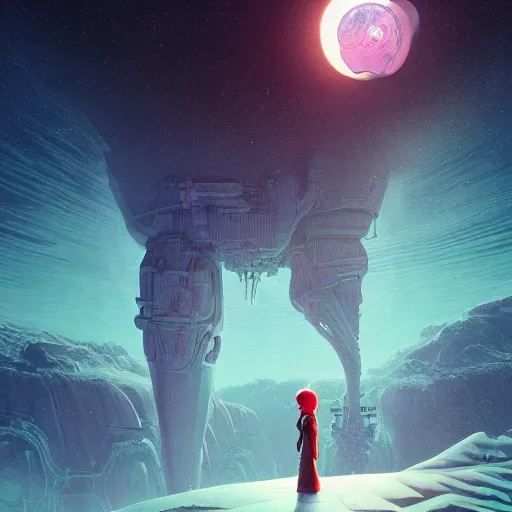 Image similar to a fantastic hyperdetailed 3 d matte painting of a female - cybernetic sorceress under the arctic moonlight, by moebius by beeple by vanessa lemen by paul lehr by dan mumford