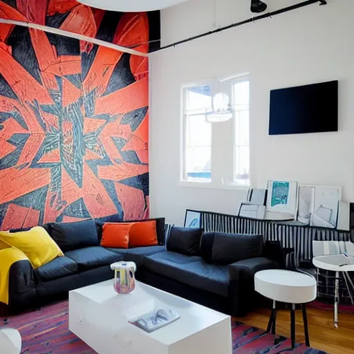 Prompt: trendy loft with modern murals on the wall, contemporary art and patterns, interior design, attractive architecture