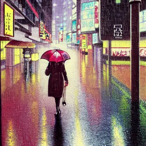 Image similar to a woman holding an umbrella, walking down the streets of tokyo, with neon signs, while it's raining. extremely detailed, illustration by michael sowa