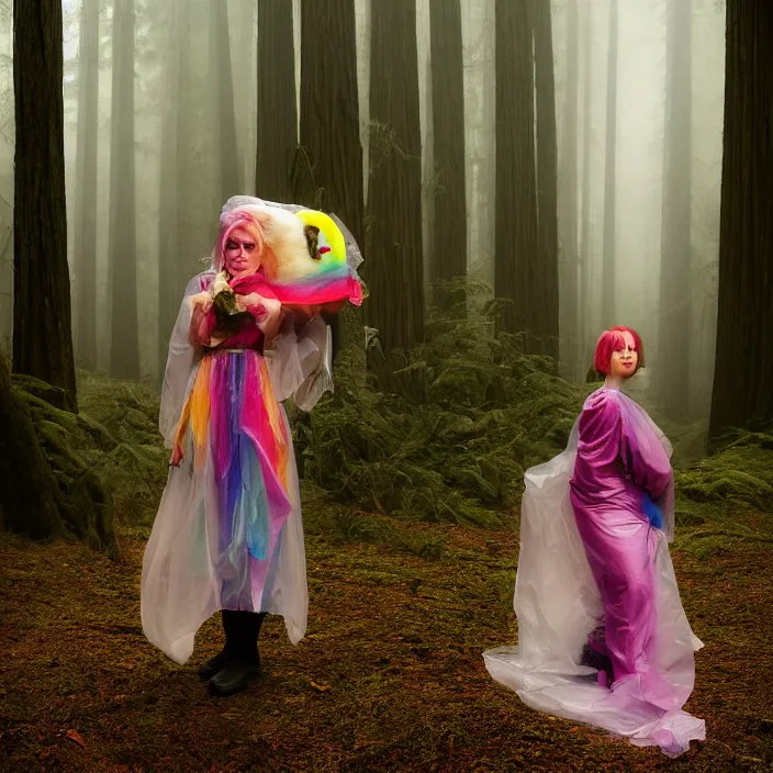 Image similar to a color photograph, closeup portrait of a woman wrapped in plastic, holding a unicorn skull, in a foggy redwood forest, color photograph, by vincent desiderio, canon eos c 3 0 0, ƒ 1. 8, 3 5 mm, 8 k, medium - format print