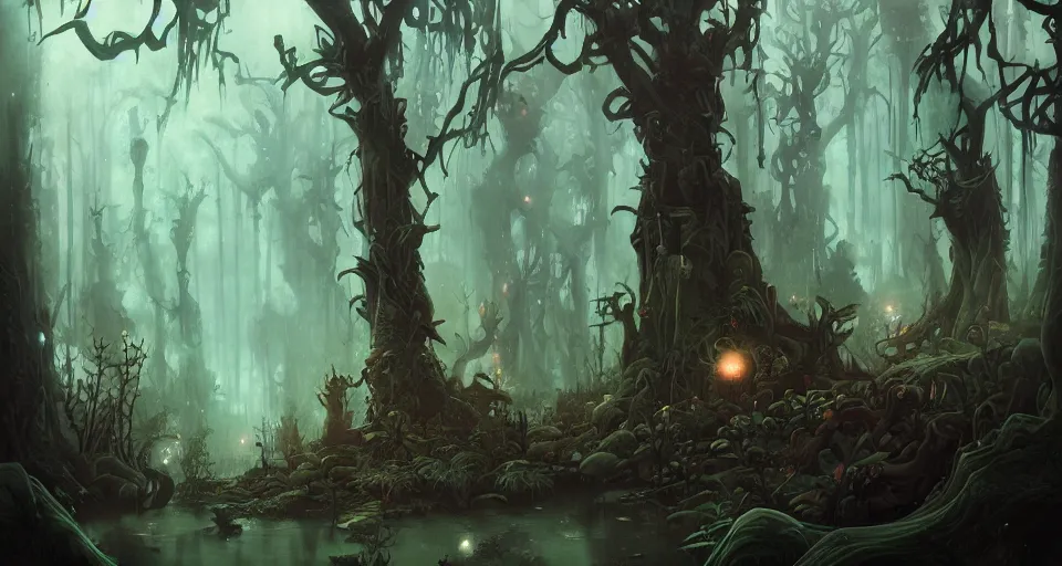 Image similar to A dense and dark enchanted forest with a swamp, by Peter Mohrbacher