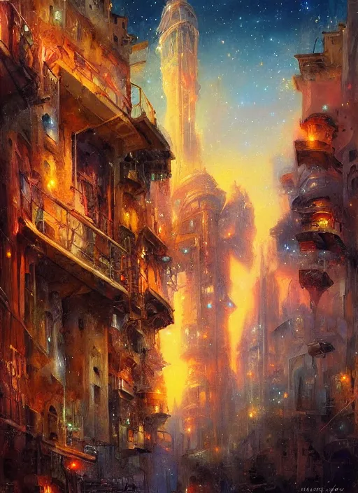 Prompt: ethereal starlit city of magic lost in time at sunset, italian futurism, art station, johan grenier, hd, digital painting