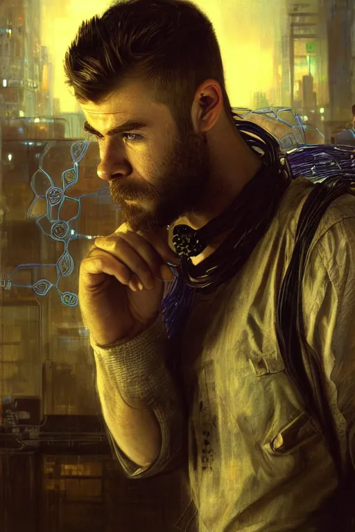 Image similar to hyperrealist cyberpunk portrait of a young ducktail bearded middle eastern chris hemsworth, it is decorated with long computer wires and computer monitors in the cyberpunk office background. by jeremy mann and alphonse mucha, fantasy art, photo realistic, dynamic lighting, artstation, poster, volumetric lighting, very detailed faces, 4 k, award winning