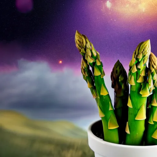 Image similar to image of an asparagus in a flowerpot driving a red tractor in outer space.