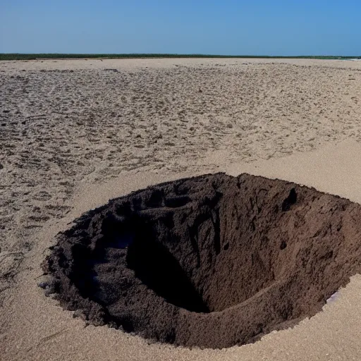 Prompt: deep dark hole on a sandy mississippi beach, no trees no palm trees, no rocks.