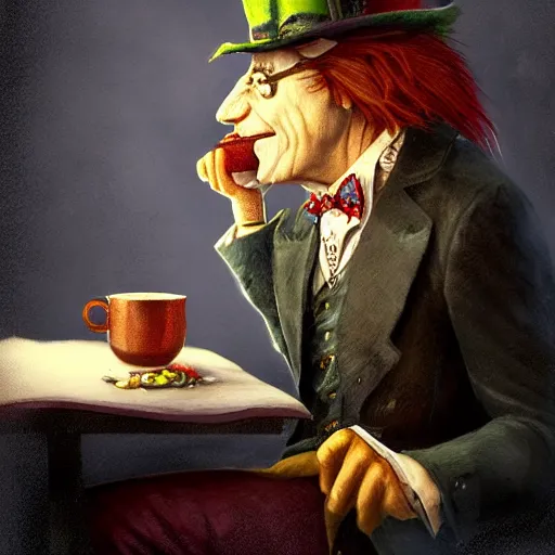 Image similar to the mad hatter, wearing shades, drinking tea, by Viktor Antonov,, greg rutkowski, fantasy, D&D, trending on artstation, smooth, sharp focus