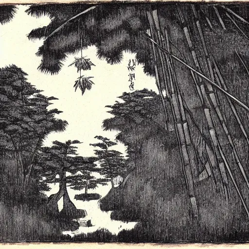 Image similar to photorealistic creepy demonic building disk osprey creek spice bamboo tree , by Katsushika Hokusai and George Inness and Paul Cezanne , 20 megapixels , storybook illustration , charcoal drawing