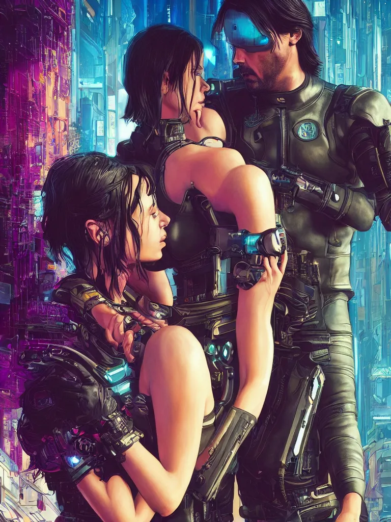 Image similar to a cyberpunk 2077 couple portrait of Keanu Reeves&female android in final kiss,love,film lighting,by Laurie Greasley,Lawrence Alma-Tadema,Dan Mumford,artstation,deviantart,FAN ART,full of color,Digital painting,face enhance,highly detailed,8K,octane,golden ratio,cinematic lighting