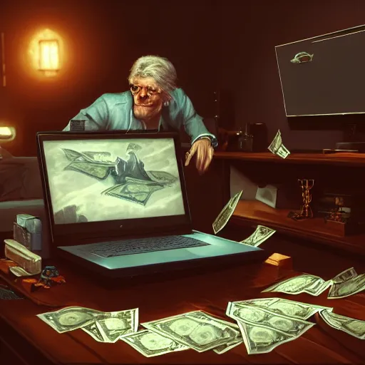 Prompt: realistic rich man using laptop in gaming room, money on floor, artstation trends, sci fi concept art, highly detailed, intricate, sharp focus, digital art, 8 k