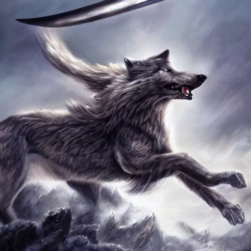 Prompt: wolf biting a sword while running, matte fantasy painting