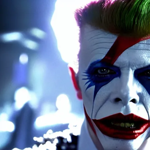 Image similar to awe inspiring David Bowie pkaying The Joker 8k hdr movie still dynamic lighting