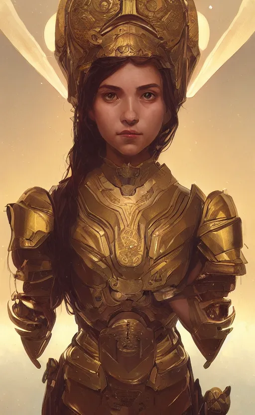 Image similar to portrait of a young girl goddess, technological armor, science fiction, confident, intricate, headshot, highly detailed, digital painting, artstation, concept art, sharp focus, cinematic lighting, illustration, art by artgerm and greg rutkowski, alphonse mucha, cgsociety