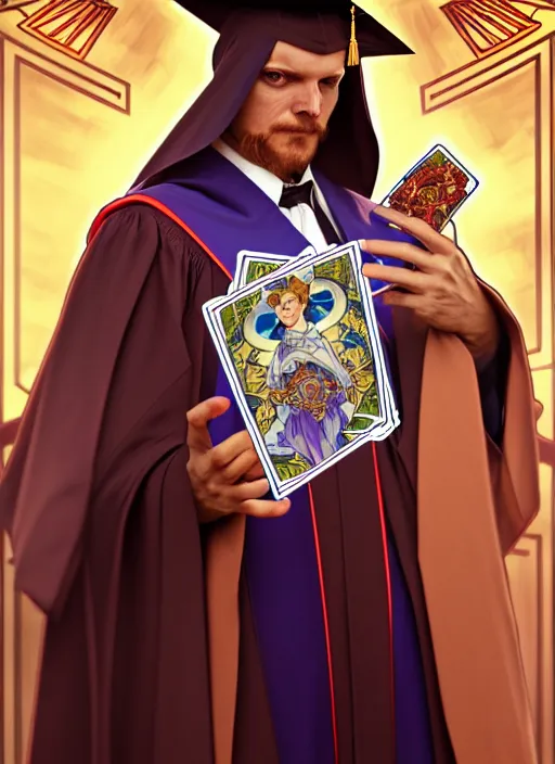 Image similar to overlord, wearing an academic gown, tarot card, highly detailed, deep focus, elegant, digital painting, smooth, sharp focus, illustration, ultra realistic, 8 k, art by artgerm and alphonse mucha