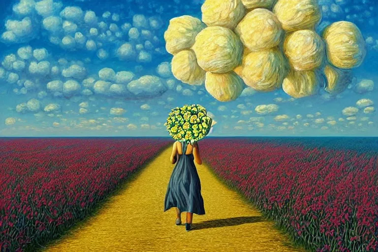 Image similar to giant flower head, woman walking, surreal, clouds in sky, impressionist painting, digital painting, artstation, rob gonsalves