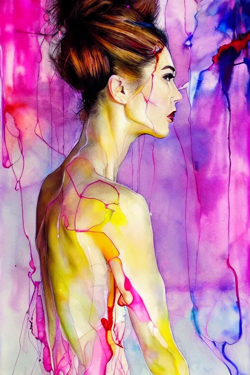 Image similar to sophia vergara by agnes cecile enki bilal moebius, intricated details, 3 / 4 back view, hair styled in a bun, bendover posture, full body portrait, extremely luminous bright design, pastel colours, drips, autumn lights