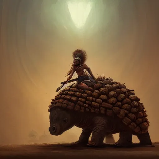 Prompt: yanomami riding a glyptodon, greg rutkowski, fantasy, intricate, elegant, highly detailed, digital painting, artstation, concept art, long shot, cinematic lighting