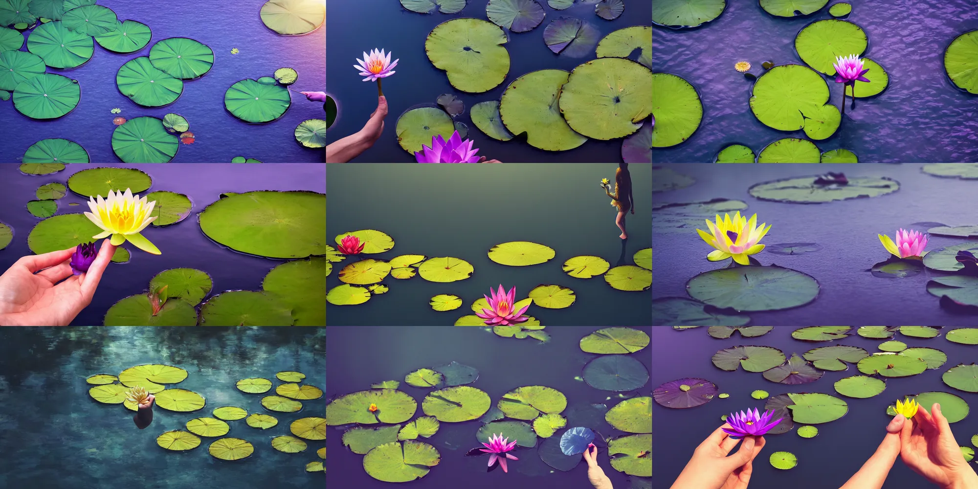 Prompt: A hand holding a water lily, night dramatic lighting, blue, yellow and purple tones, wide camera angle, matte painting, trending on ArtStation, concept art, delightful surroundings, high detail, sharp contrast, ray tracing, picturesque artwork by Mike Winkelmann,, 4K, 8K, super graphically realistic detailed, high definition, HDR