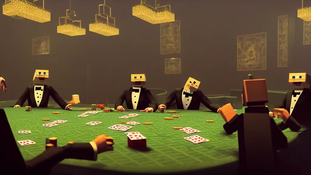 Prompt: hyperrealism simulation highly detailed human turtles'wearing detailed tuxedos and smoking, playing poker in surreal scene from minecraft movie from future by wes anderson and denis villeneuve and mike winkelmann rendered in blender and octane render