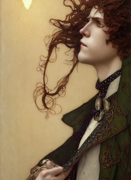 Image similar to edmund dulac, leyendecker, highly detailed portrait, a beautiful androgynous sebastian michaelis, long hair, tall and thin, wearing several pendants, art nouveau, stephen bliss, unreal engine, by greg rutkowski, loish, ferdinand knab, ilya kuvshinov, rossdraws, tom bagshaw, alphonse mucha, global illumination, radiant light