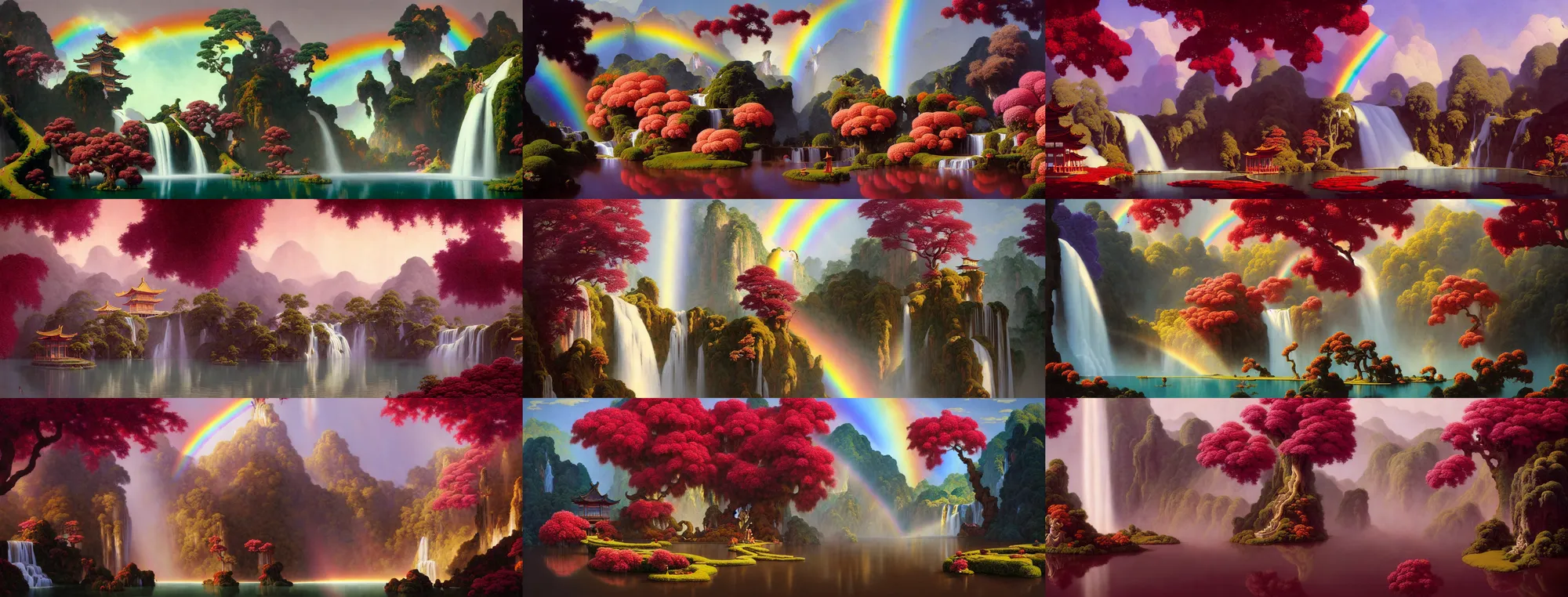 Image similar to a gorgeous painting by barlowe wayne, maxfield parrish and marco mazzoni. xanadu chinese temple on a platform that extends over a great waterfall, a huge tallest magnificent peach blossom tree glowing, maroon leaves, bridge, 3 d, octane render, lotus flower lake, waterfall. fog, just one rainbow. 8 k.